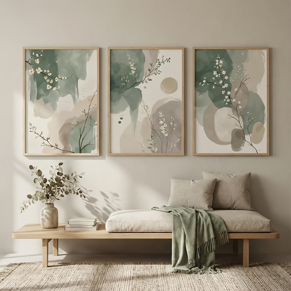 Home Cinema Wall Art - ภาพพิมพ์บนผ้าใบลายใบไม้สไตล์ญี่ปุ่น 3 ชิ้น ภาพวาดสีน้ำแบบนามธรรม สีเขียวเซจและสีเบจ สำหรับตกแต่งห้องนอน