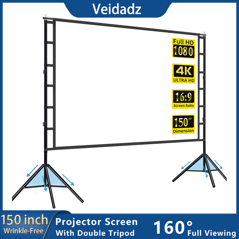 Home Cinema Projector Screen - Veidadz หน้าจอโปรเจคเตอร์พร้อมขาตั้งสีขาวไร้ริ้วรอยมุมมอง ° 160 60-150นิ้วโฮมเทียเตอร์หน้าจอสองด้านกลางแจ้ง
