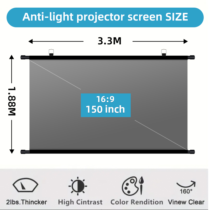Home Cinema Projector Screen - หน้าจอโปรเจคเตอร์ขนาด 150 นิ้ว 16:9 ป้องกันแสงสะท้อน ติดผนังแบบไม่ต้องเจาะ
